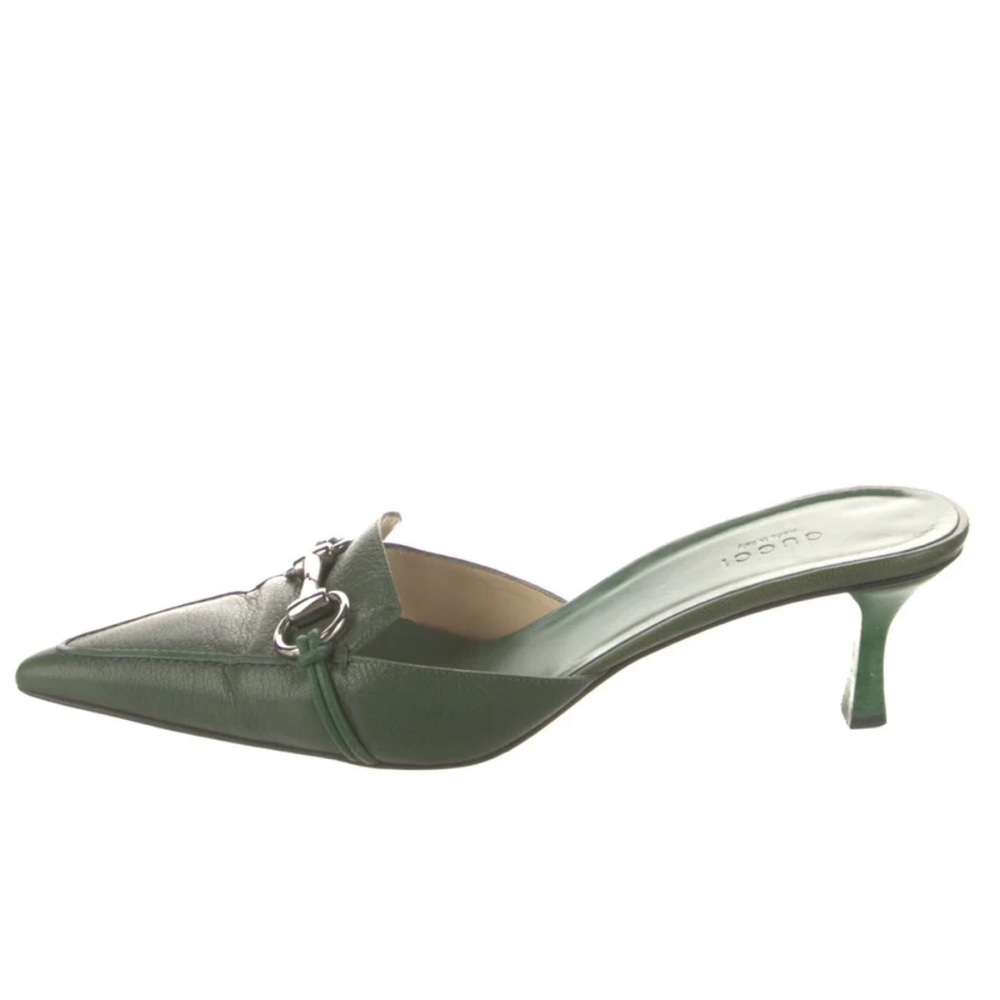 Gucci Horsebit Green Leather Pointed Mule Heels